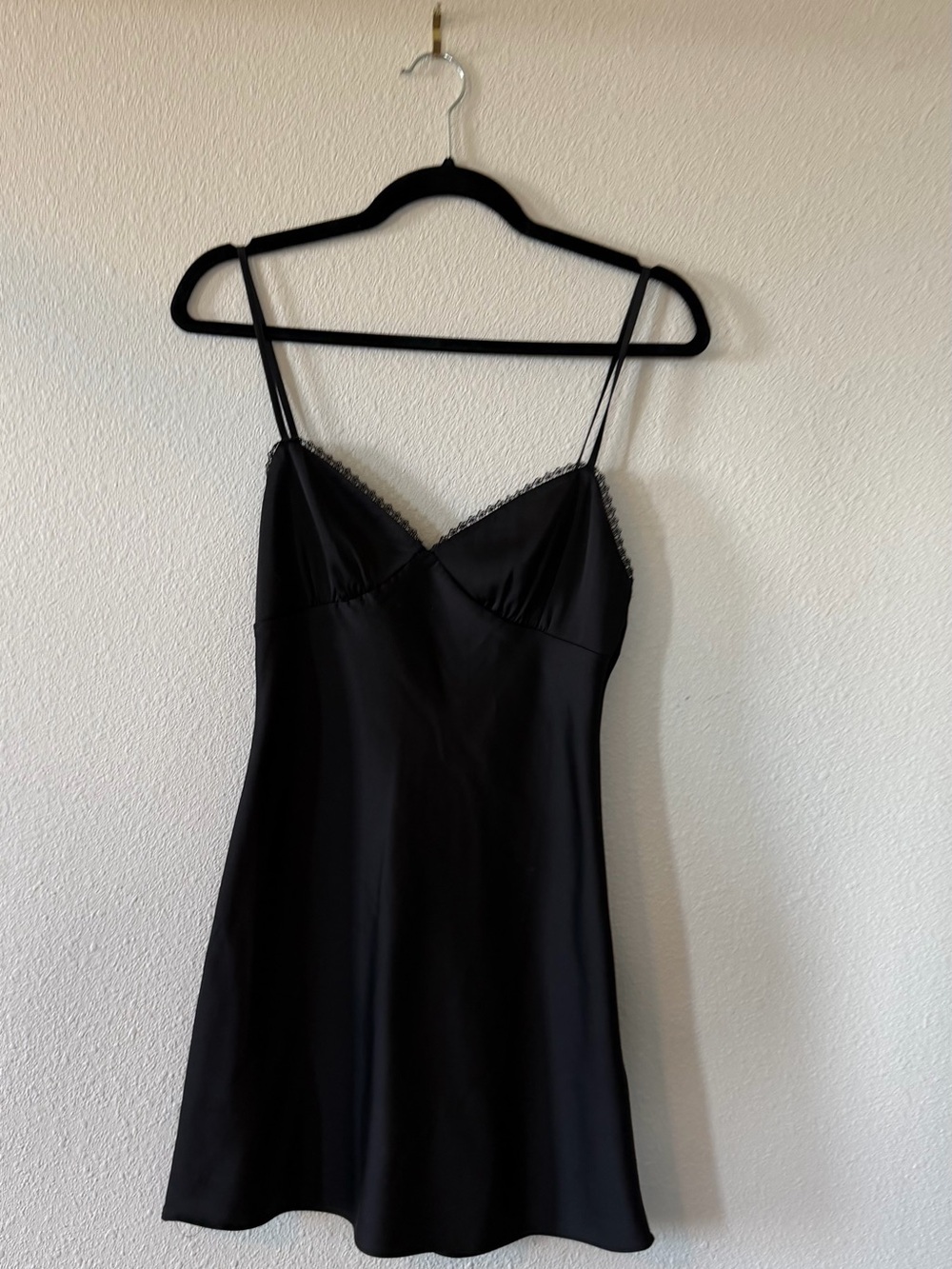 Aritzia Black Satin Slip Mini Dress with Lace Trim